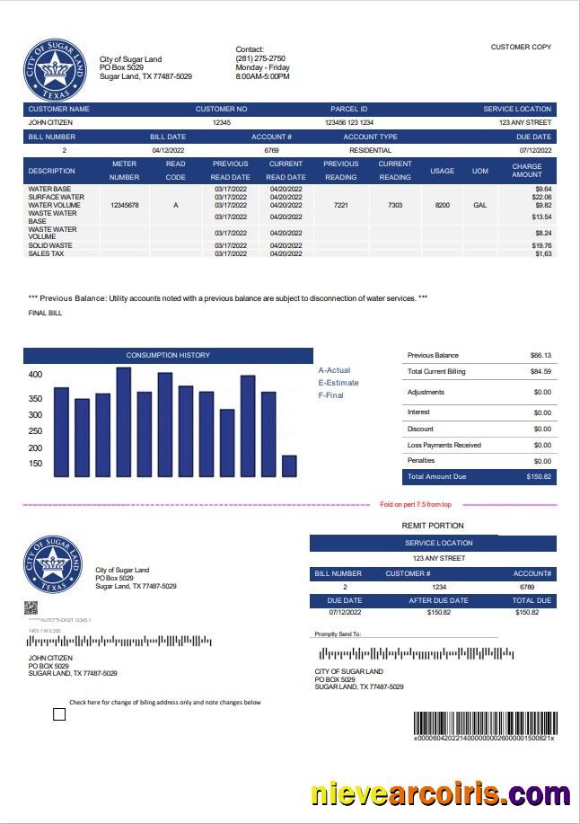 USA Texas City of Sugar Land utility bill